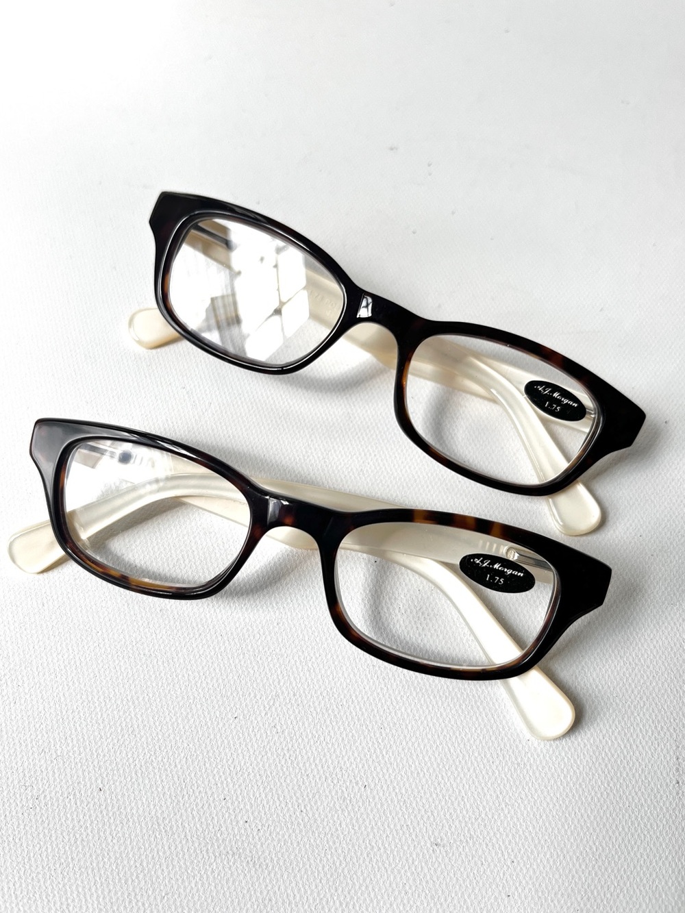 2pr Lot PETITE Fit +1.75 Reading Glasses Imperfect Tortoise/White Square Hornrim
